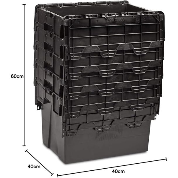 Stack of black lidded crates with dimensions