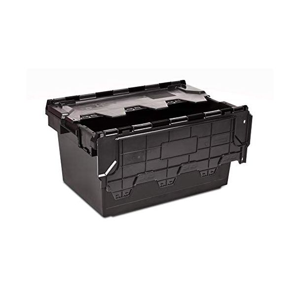 Small black plastic lidded crate