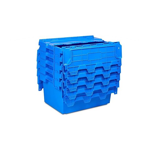 Nest of blue plastic lidded crates