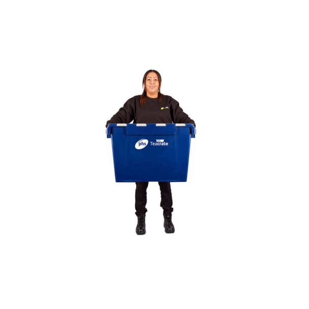 Person carrying blue plastic crate