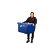 Person carrying blue plastic crate