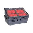 Grey food crate containing packs of beef mince
