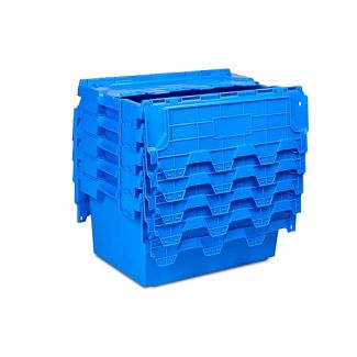 Nest of blue plastic lidded crates